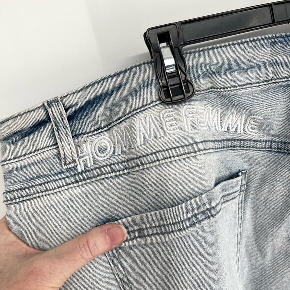 Homme + Femme NEW Embroidered Paradise Denim Shorts Unisex 44 Blue Hummingbird - Picture 9 of 12